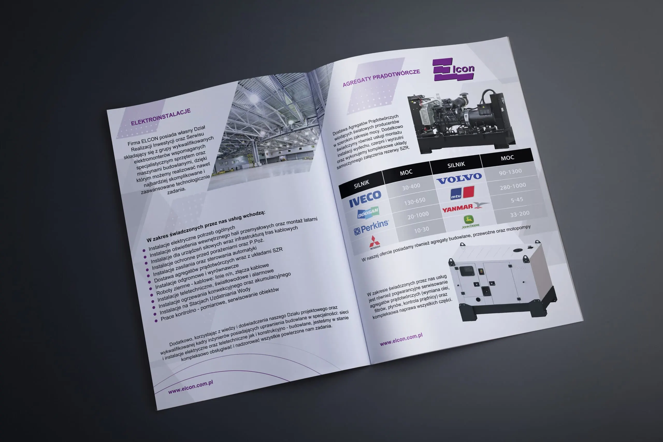 Rozłożony katalog szyty A4 — wnętrze z opisem usług, tabelą i zdjęciami produktów