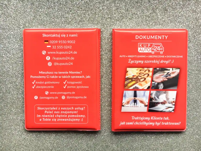 Etui na dowód rejestracyjny z logo firmy — okładka PVC z nadrukiem dla dealera samochodowego