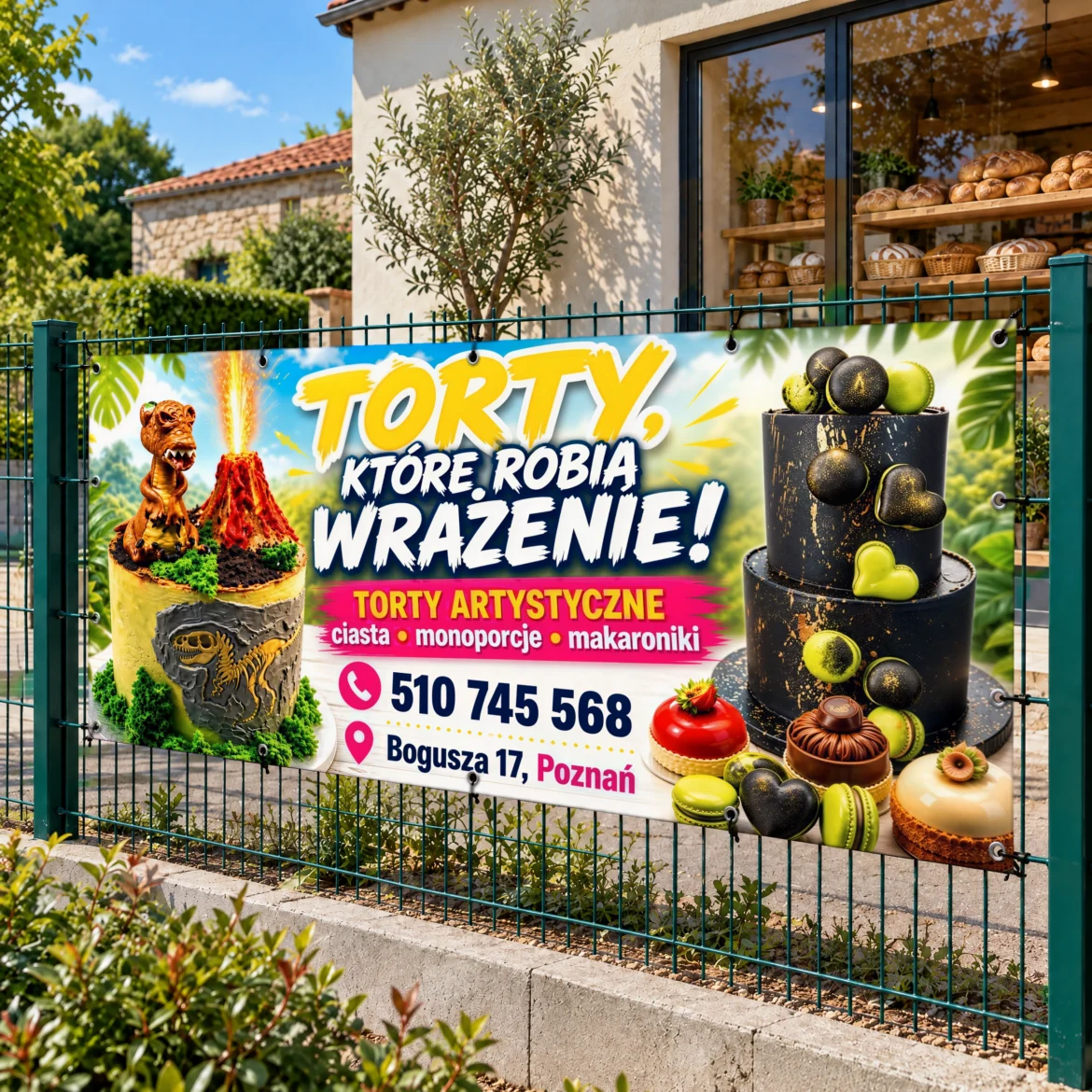 Baner reklamowy z nadrukiem i oczkami na ogrodzeniu przed firmą, DrukXpert