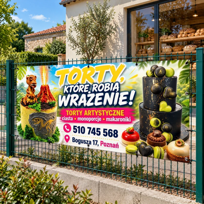 Baner reklamowy z nadrukiem i oczkami na ogrodzeniu przed firmą, DrukXpert