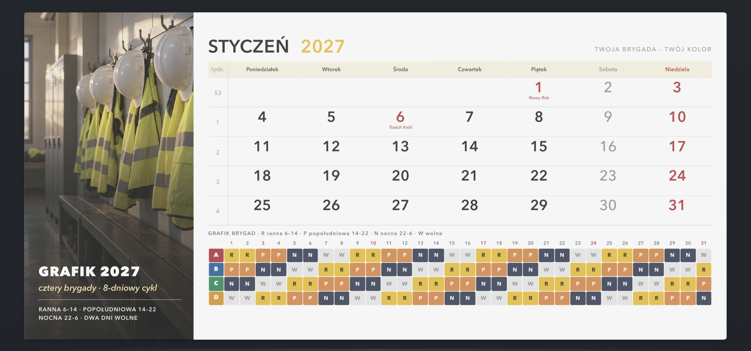 Kalendarz 4-brygadowy – tabela grafiku zmian: ranna, popołudniowa, nocna i wolne