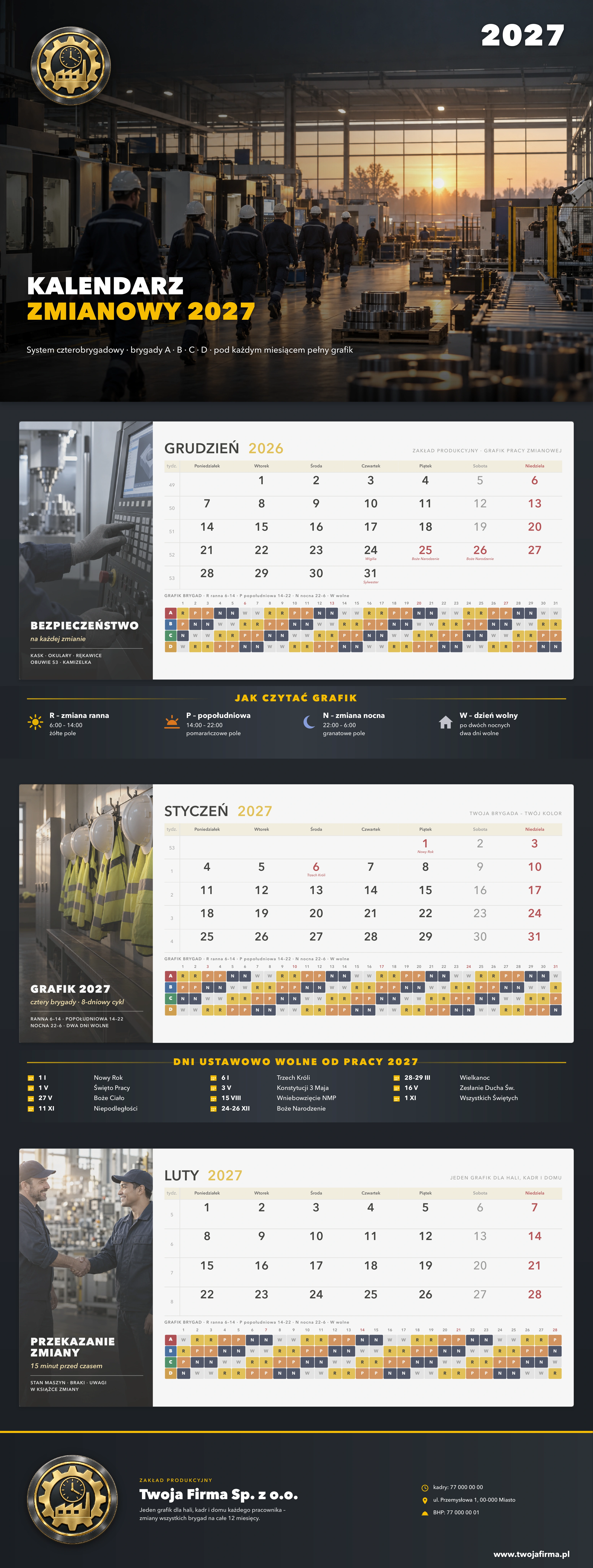 Kalendarz czterobrygadowy do druku – grafik brygad A, B, C i D pod każdym miesiącem