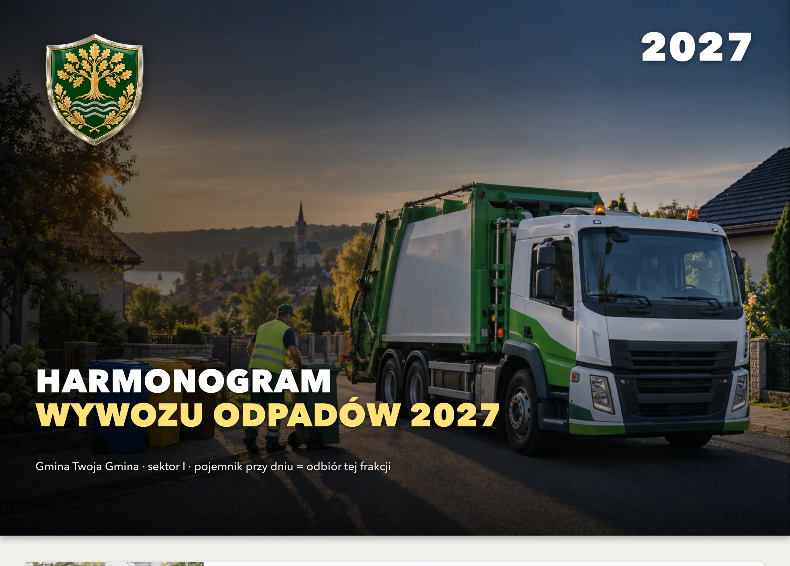 Kalendarz odpadów komunalnych dla gminy – główka ze śmieciarką i pojemnikami do segregacji