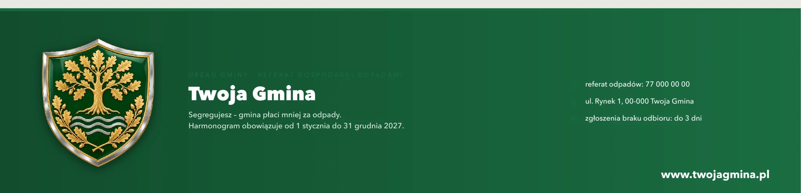 Kalendarz wywozu odpadów – stopka z herbem gminy i kontaktem do referatu