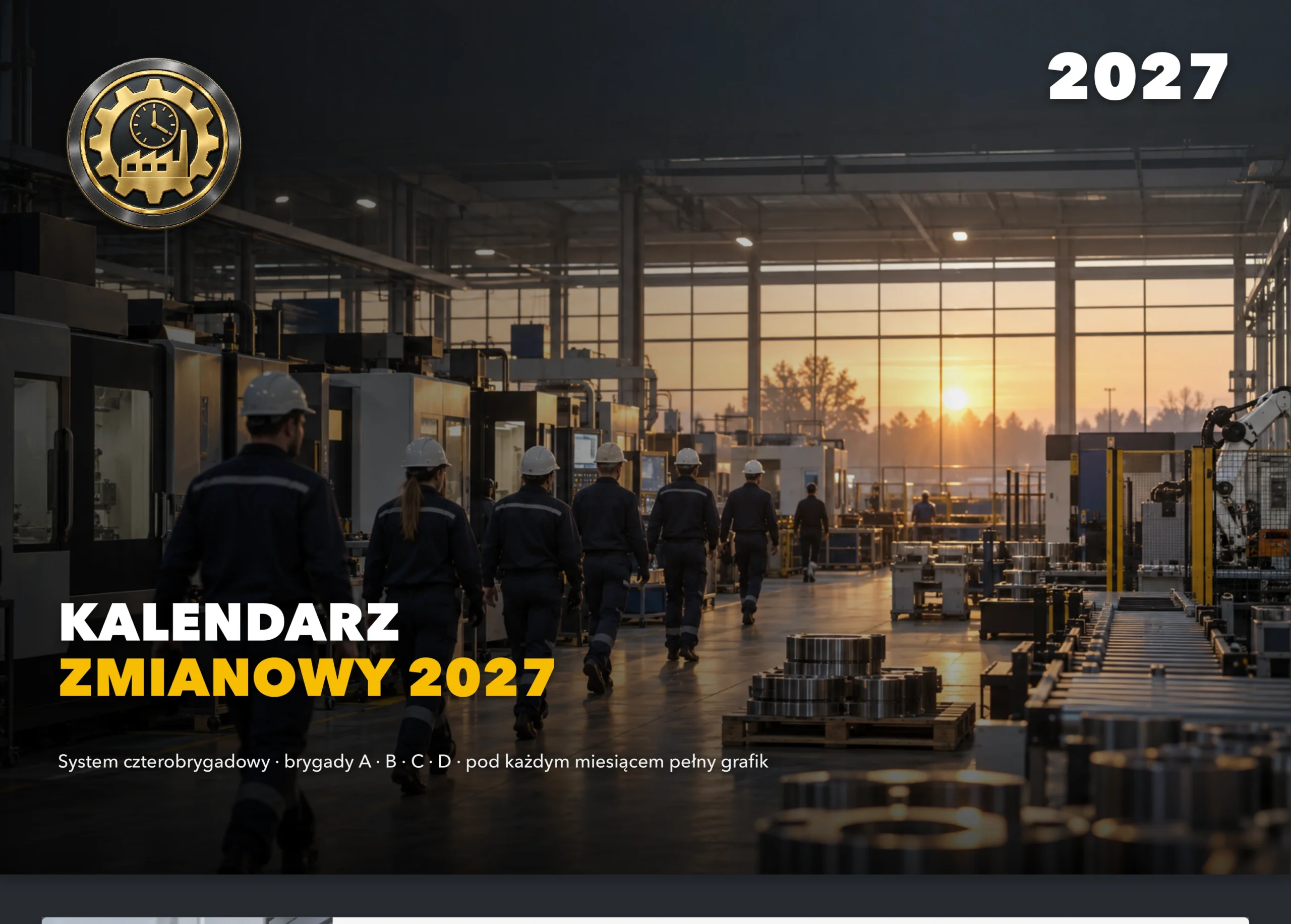 Kalendarz zmianowy dla zakładu produkcyjnego – główka ze zdjęciem hali i zmianą pracowników