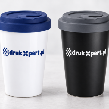Kubek porcelanowy z logo firmy na wynos z pokrywką – dwuścienny 280 ml, biały i czarny
