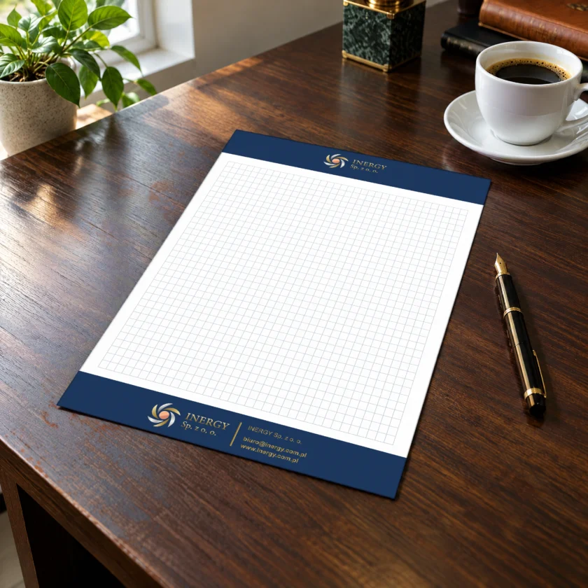 Papier firmowy A4 z nadrukiem logo firmy – papier listowy na biurku, DrukXpert