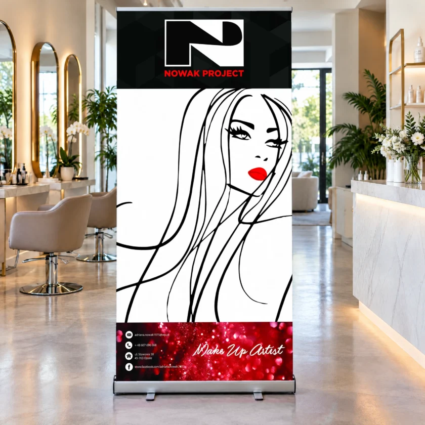 Roll-up reklamowy z nadrukiem graficznym w salonie – rollup 100 × 200 cm, DrukXpert