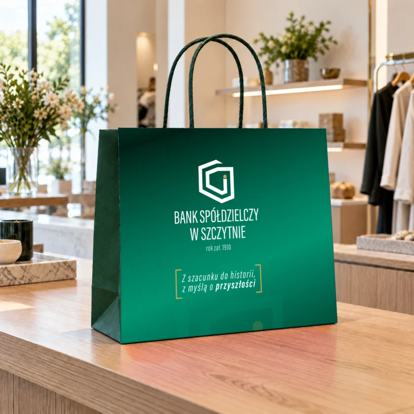Torba papierowa laminowana z nadrukiem logo firmy i sznurkowymi uchwytami, DrukXpert